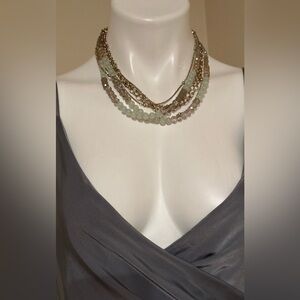 ANN TAYLOR Signed Gold Chains Green Brown Clear Cut Plastic Glass Beads Necklace